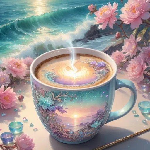 Prompt: insanely detailed gorgeous sparkling pastel coffee cup with one side as pastel blooming nature and other side with pastel ocean, surrounded by glowing illuminated sparkles, Stylized watercolor, iridescent, Fantastical, Intricate, Fantasycore, Scenic, Hyperdetailed, Royo, Bagshaw, Chevrier, Ferri, Kaluta, Minguez, glowing edges, beautiful pastel colors, Mucha, Cina. Cinematic, WLOP