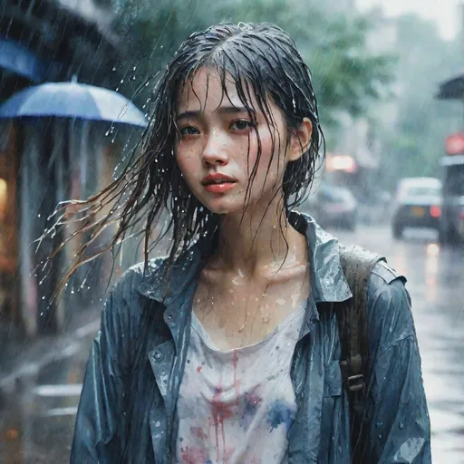 Prompt: Girl touched by rain, watercolor, rain-soaked hair and clothes, Sam Yang style, highres, watercolor, detailed, wet effect, emotional, atmospheric lighting, cool tones, soft and subtle, artistic, modern, expressive, Sam Yang inspired, high quality