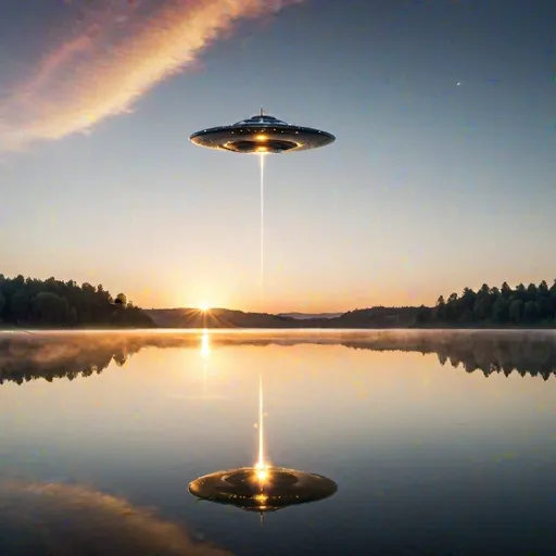 Prompt: Breathtaking sunrise over calm lake, golden reflection, sparkling clear skies with a disc shapped alien space ship speeding through the sky leaving a vapor trail. Tranquil oasis, wide shot, sunrise lighting, serene, ethereal, minimalist, photography, vibrant tones, high quality, stunning visuals, serene landscape, peaceful water, tranquil atmosphere, professional photography, 16:9 aspect ratio, minimalistic composition