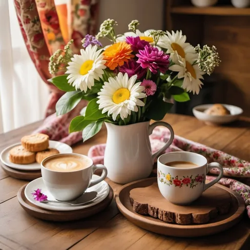 Prompt: Morning Mug of Coffee sitting on a beautifully adorned breakfast table with flowers. Btightly lit early morning kitchen with colorful drapes and countryside. 