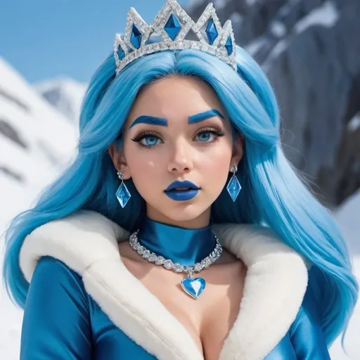 Prompt: kim possible, Heavy snow, Clouds in Sky, Long Straight Blue hair, Ice crystal tiara, Thick bushy blue eyebrows, medium sized nose, plump diamond shape face,  Blue lipstick, ethereal blue eyes, blue makeup, Triangle Star earrings, soft ears, Large blue plastic chain around neck, Blue heart necklaces, blue candy shaped rings, Large blue fur coat with blue plastic gloves. Long Blue Skirt. Plump chest, bigbreast