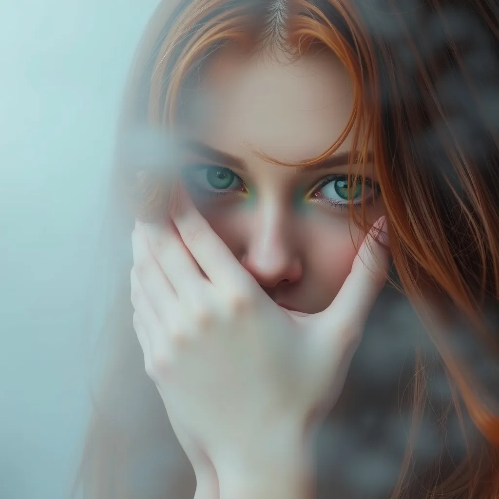 Prompt: photorealistic, (high resolution), red haired female model with haunting hazel colored eyes, introspective pose with her face cradled in hands, her gaze is directly into the camera, she is enveloped in a thick fog with nothing else visible, serene and tranquil ambiance, cool muted color tones, subtle light filtering through mist, creating an ethereal atmosphere, fine details on facial features, (ultra-detailed) background scenery of soft silhouettes.