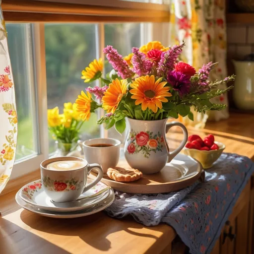 Prompt: (Morning Mug of Coffee), beautifully adorned breakfast table, vibrant flowers, (brightly lit early morning), colorful drapes, cozy countryside background, warm sunlight streaming through kitchen window, inviting atmosphere, fresh and cheerful ambiance, intricate table settings, ultra-detailed, high-quality image, harmonious blend of colors, radiating warmth and comfort.