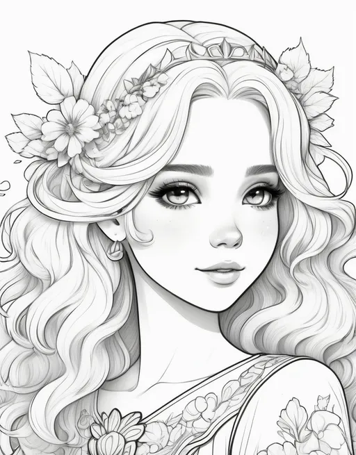Prompt: A stunning monochrome coloring page of Adorable Fantasy young adult princess ,white hair with loose waves and a floral hair accessory, face portrait profile radiating pure joy and happiness, adorable, charming, kawaii, cute , pure white background, black and white color, crisp drawing line,extremely high quality colouring book style, anime style, an illustration that pays tribute to the iconic styles of Artgerm, Aleksi Briclot, and Charlie Bowater, created in a digital professional line art style, with simple vector crisp lines, the clean and bold lines found in cute cartoon styles of [Aleksi Briclot] with a low level of detail to give it a clarity and clean appearance. The cartoon is bold and clean and crisp line art, ink drawing in kawaii cartoon style