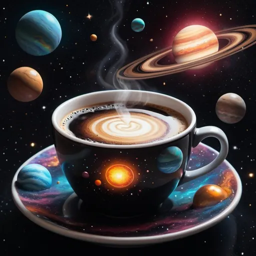 Prompt: a cup of coffee with planets floating out of it and a star in the background with a black background, Adam Szentpétery, space art, planets, a surrealist painting