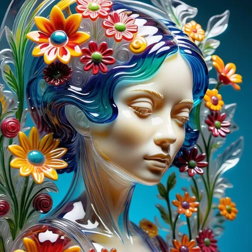 Prompt: A detailed and vibrant transparent glass sculpture of a woman with flowers, intricate details, surreal, colorful background