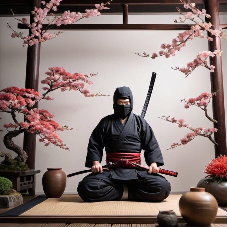 Prompt: Japanese ninja floral setting