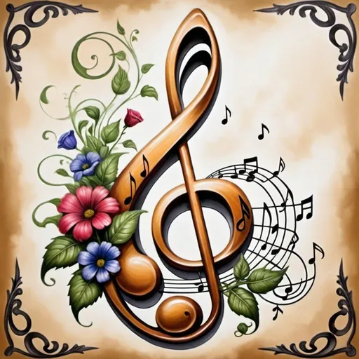 Prompt: a painting of a musical note with flowers and leaves on it's side and a treble on the other side, Anne Stokes, modern european ink painting, highly detailed digital painting, an airbrush painting