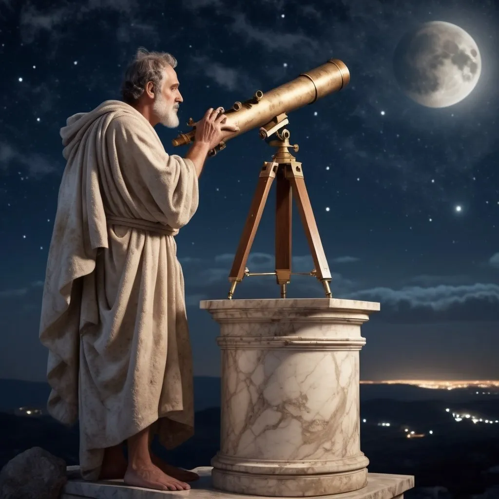 Prompt: Ancient Greek astronomer, atop a marble observatory, stargazing through a primitive telescope, moonlit night, star-filled sky, flowing robes, detailed star charts, ancient architecture, soft ambient lighting, thoughtful expression, realistic textures of aged marble and parchment, high-resolution, celestial exploration theme, historical accuracy, 4k --ar 3:4 --s 150