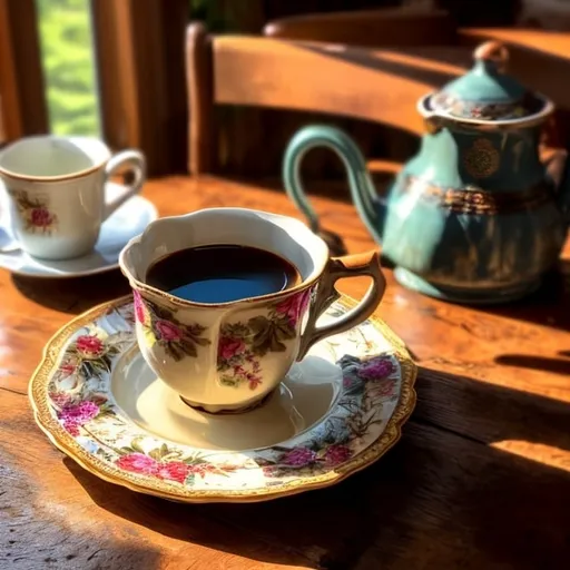 Prompt: beautifully colored coffee cup containing steaming hot coffee medium light. Cup is sitting on an old country kitchen table in a brightly lit country kitcchen with morning light shining in. Photorealistic, country kitchen, beautifully ornate colored coffee cup. deccorated whole cake sitting in background.






