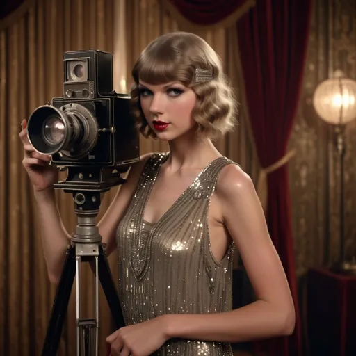 Prompt: Taylor Swift as a 1920s silent film actress on a classic movie set, dramatic makeup, flapper dress with sequins glistening, intense emotional expression, vintage film camera in the foreground, realistic textures of velvet curtains and art deco designs, soft studio lighting, high detail, nostalgic cinema atmosphere, 4k --ar 3:4 --s 150