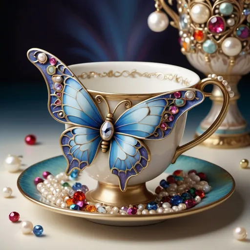 Prompt: Still life of a delicate cup adorned with a vibrant butterfly, surrounded by shimmering pearls and jewels, scattered pearls and gems, highres, whimsical, Anne Stokes style, cloisonnism, vibrant colors, detailed butterfly wings, intricate jewel details, atmospheric lighting