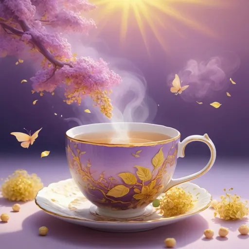 Prompt: background - the embrace of the summer sun, in the foreground - golden linden flowers flying separately, fingers grasping, a beautiful delicate romantism time mug with steaming tea, the whole picture radiates a glowing feeling of happiness, rococo romanticism wrapped in soft purple and pink smoke. , concept art, painting, 3D rendering, product