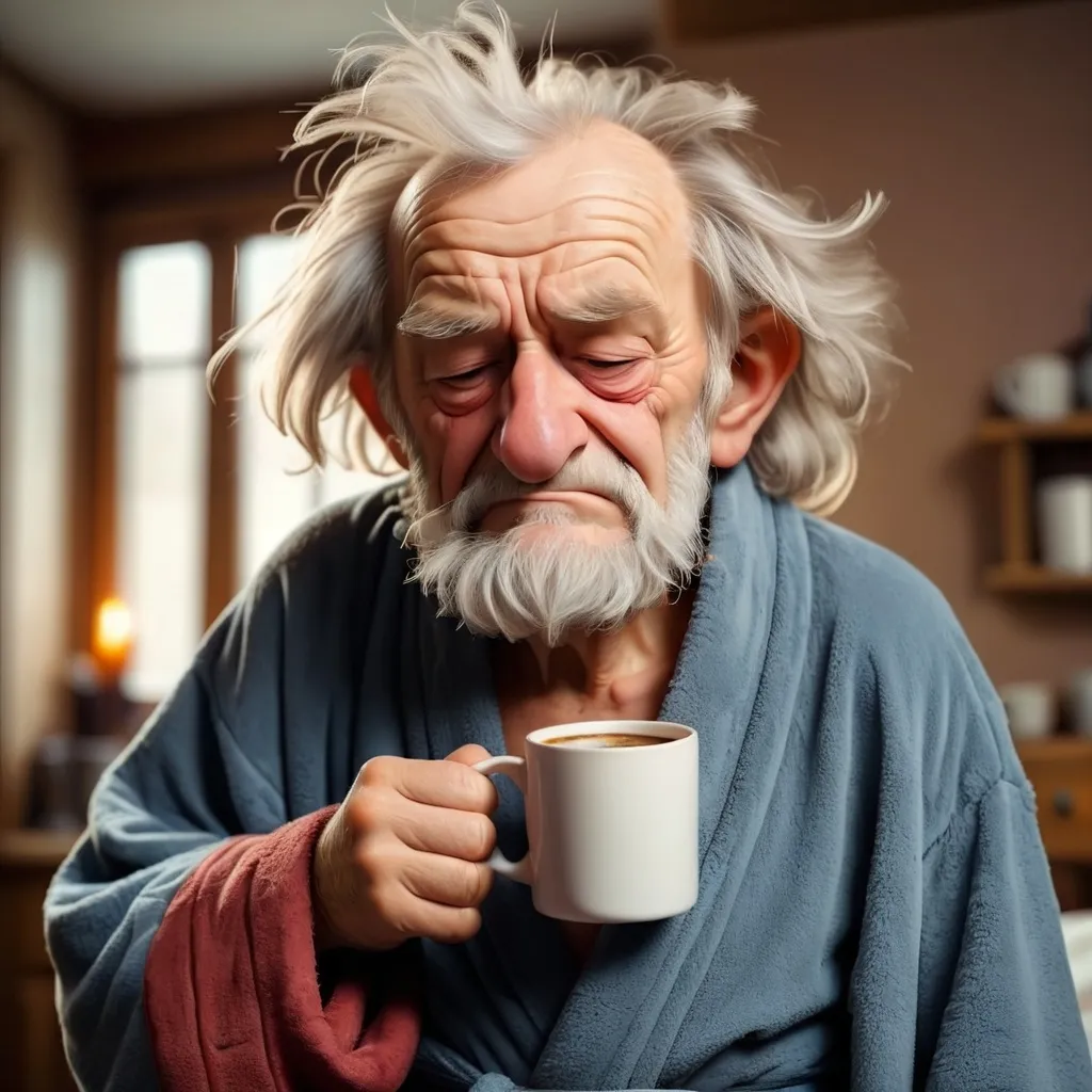 Prompt: Funny sleepy old man holding his first mug of morning coffee.  House robe, messy hair, coffee steaming. 