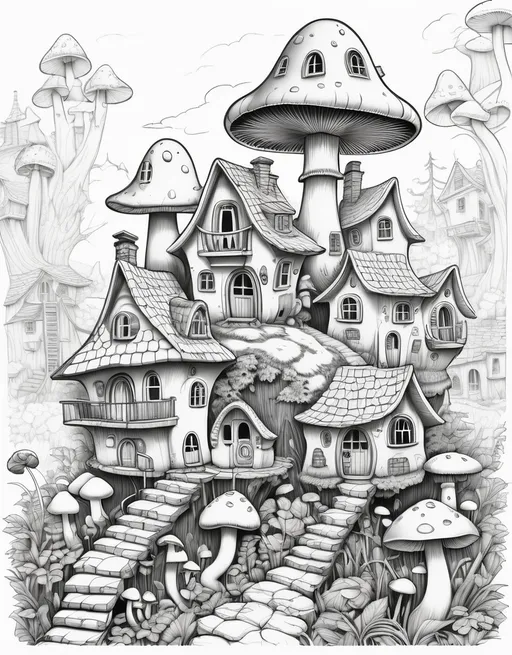 Prompt: A stunning monochrome coloring page of A whimsical mushroom village with various types of mushrooms as homes, some with tiny windows, ladders, and moss-covered roofs. Pure white background, black and white color with no shading, crisp drawing line,extremely high quality coloring book style, anime style, clean and bold lines and a high level of detail to give it a clarity and clean appearance. The image is bold and clean and crisp line art, ink drawing in coloring book style.