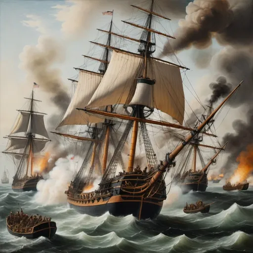 Prompt: A historic naval battle scene, with tall ships engaged in fierce combat, cannon smoke blurring the air, oil on cotton canvas to capture the chaos of the battle and the detailed textures of the ships' sails and the sea's foam --ar 16:9 --s 250