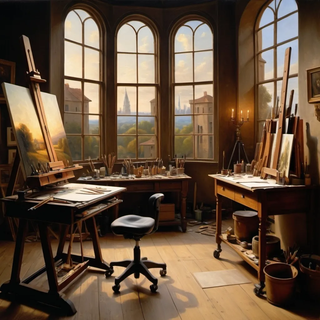 Prompt: (detailed scene of an artist's studio), (oil painting on cotton canvas), towering windows, Leonardo da Vinci painting, subject Stephen Hawking, (soft lighting), warm and inviting ambiance, deep rich colors, intricate artistic tools scattered about, emphasizing wisdom and timelessness, rich textures, HD representation, artistic atmosphere, inspiring creativity, --ar 4:3 --s 150.