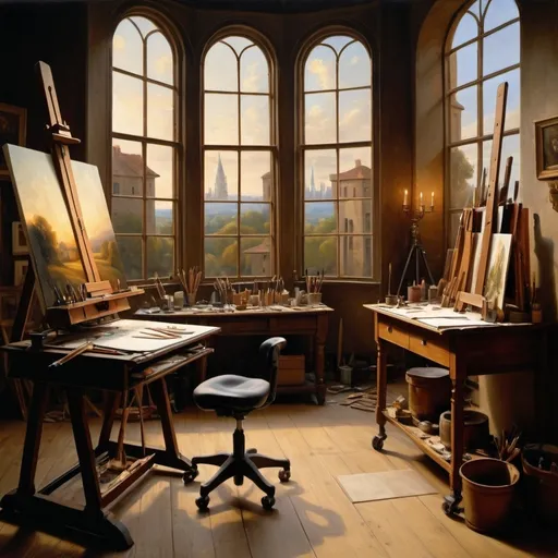 Prompt: (detailed scene of an artist's studio), (oil painting on cotton canvas), towering windows, Leonardo da Vinci painting, subject Stephen Hawking, (soft lighting), warm and inviting ambiance, deep rich colors, intricate artistic tools scattered about, emphasizing wisdom and timelessness, rich textures, HD representation, artistic atmosphere, inspiring creativity, --ar 4:3 --s 150.