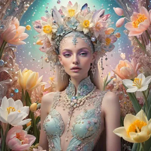 Prompt: Exotic seamstress amidst cosmic flowers, shimmering pastel background, 3000PPI, pearls, diamonds, crystals, 3D tulips, 3D daffodils, 3D snowdrops, 3D mimosas, 5D butterflies, ethereal, intricate designs, high fashion, pastel cosmic, alien flora, spring sunrise lighting