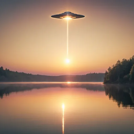 Prompt: Breathtaking sunrise over calm lake, golden reflection, sparkling clear skies with a disc shapped alien space ship speeding through the sky leaving a vapor trail. Tranquil oasis, wide shot, sunrise lighting, serene, ethereal, minimalist, photography, vibrant tones, high quality, stunning visuals, serene landscape, peaceful water, tranquil atmosphere, professional photography, 16:9 aspect ratio, minimalistic composition
