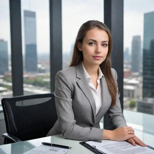 Prompt: Highly detailed photograph. Young beautiful lady sitting in an offfice setting dressed in business attire. She is interviewing for an executive assistant role. The office has glass windows lookingg out at a modern city setting. 