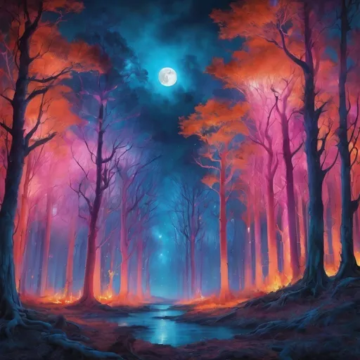 Prompt: Fantasy science fiction forest engulfed in blue, pink, and orange flames, towering trees illuminated by the huge full moon, night scene, high quality, surrealistic, vibrant colors, ethereal lighting, magical atmosphere