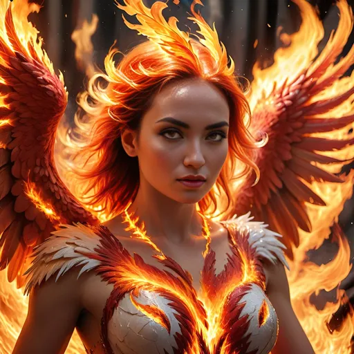 Prompt: Beautiful woman as a fierce phoenix rising from the ashes, resilient flames, close-up, dynamic lighting, vibrant, photorealistic art, 16:9, highres, ultra-detailed, dynamic, fiery colors, intense lighting, digital painting, phoenix, vibrant flames, dramatic composition, detailed feathers, professional photography, dynamic lighting