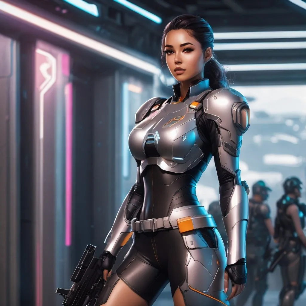 Prompt: Full body shot of a slim Whole body. Full Figure, from a distance. a Young noble woman from the future in the, futuristic scifi crop top. Cute. soft feminine body features. Smooth skin, detailed, well drawn face. Rpg art. 2d art. 2d.   beautiful futuristic female omnipotent super soldier with guns 