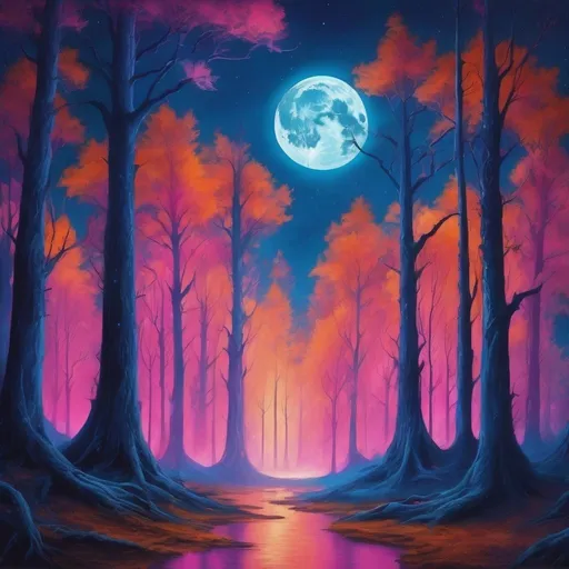 Prompt: Fantasy science fiction forest engulfed in blue, pink, and orange flames, towering trees illuminated by the huge full moon, night scene, high quality, surrealistic, vibrant colors, ethereal lighting, magical atmosphere