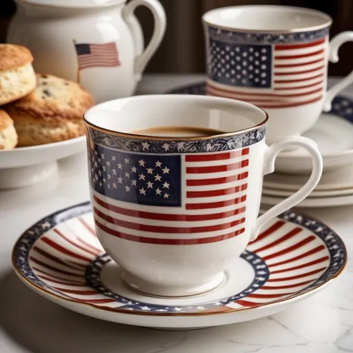 Prompt: Beautiful, elegant, intricate porcelain coffee cup, delicate US Flag patterns, morning breakfast table, scones, high quality, detailed, realistic, vintage, warm tones, soft lighting, 16:9 aspect ratio, vintage porcelain, delicate design, elegant, intricate patriotic patterns, realistic details, highres, ultra-detailed, vintage style, warm hues, soft lighting