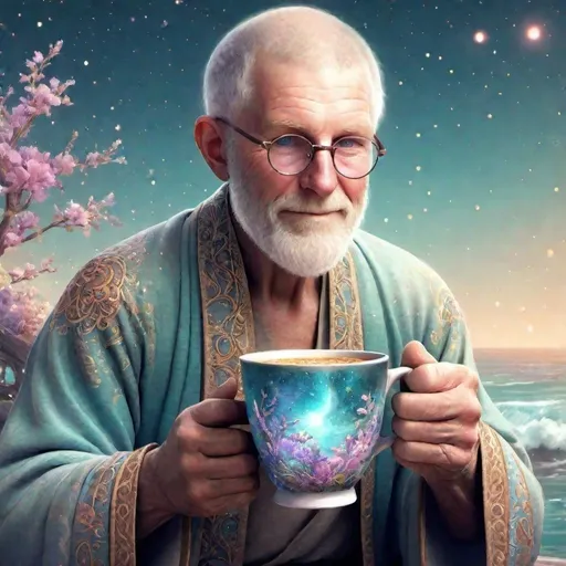 Prompt: old man <my model> holding an insanely detailed gorgeous sparkling pastel coffee cup with one side as pastel blooming nature and other side with pastel ocean, surrounded by glowing illuminated sparkles, Stylized watercolor, iridescent, Fantastical, Intricate, Fantasycore, Scenic, Hyperdetailed, glowing edges, beautiful pastel colors, Mucha, Cina. Cinematic, WLOP