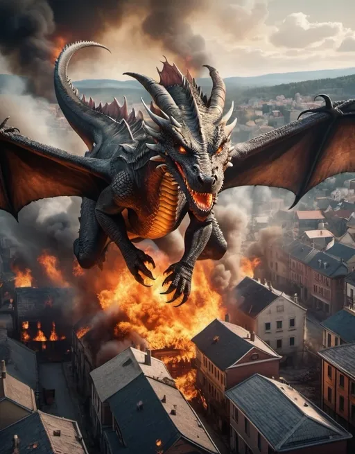 Prompt: Photo realistic dragon flying over a town on fire