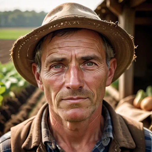 Prompt: A captivating portrait of a farmer, showcasing their connection to the land and their dedication to agriculture, Nurturing the earth, Close-up shot highlighting the farmer's face, adorned with dirt and sweat, Warm and natural lighting reflecting the agricultural environment, Earthy and organic tones representing the world of farming, Honest and hardworking mood, Farmer portrait photography, Inspired by the works of Edward Weston --ar 4:3