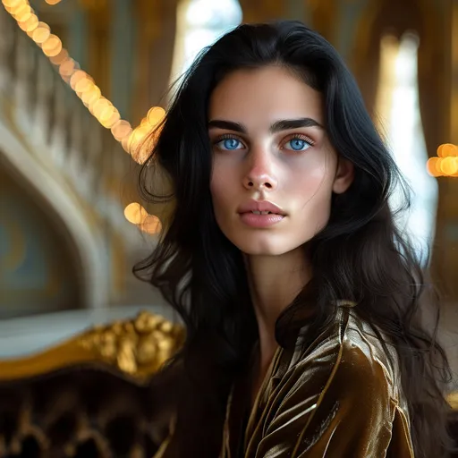 Prompt: Personal portrait of stunningly beautiful fashion model with black hair and stunningly beautiful blue eyes, SFW, velvet couch, grand staircase in blurred backdrop, dreamlike lighting, professional photography, elegant pose, high contrast, bokeh effect, fine art, high-end luxury, Hasselblad camera, 100mm lens, F 1.2 aperture, dreamy atmosphere, glamorous, detailed features, best quality, highres, professional lighting