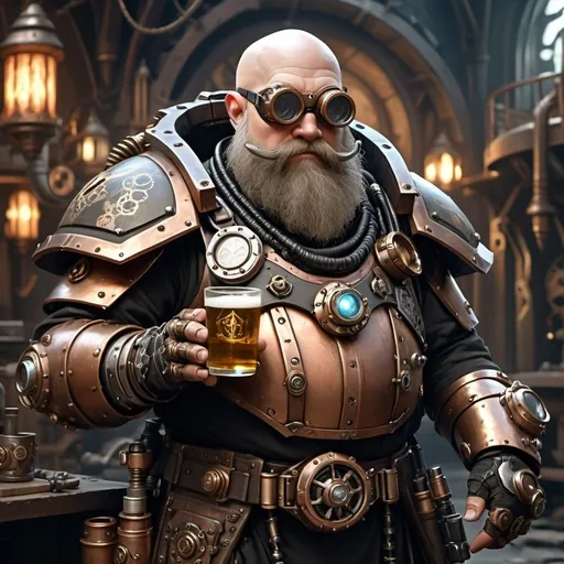 Prompt: Dwarf holding ONE fancy cup of tea, dredded in advanced steampunk exoskeleton-mech dnd armor with shiny onyx gems embodied in various places, dnd character, steampunk setting, dramatic lighting, black and copper color pallette, hi-tech gadgets, exoskeleton like armor with runes engraved in an unknown dragon language, shaded welding goggles, bald, face dirty from oil and dust, long, luscious beard