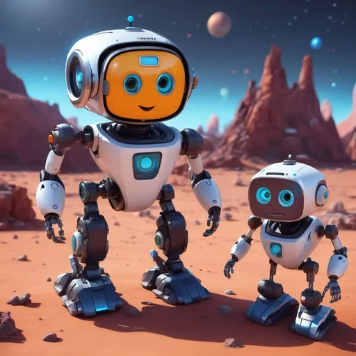 Prompt: Pixar-style 3D rendering of a quirky robot explorer, vibrant futuristic technology, playful expressions, desolate planet, space debris, whimsical environment, brightly lit, high quality, Pixar, 3D rendering, vibrant, futuristic, quirky, robot, explorer, playful expressions, desolate planet, space debris, whimsical, brightly lit