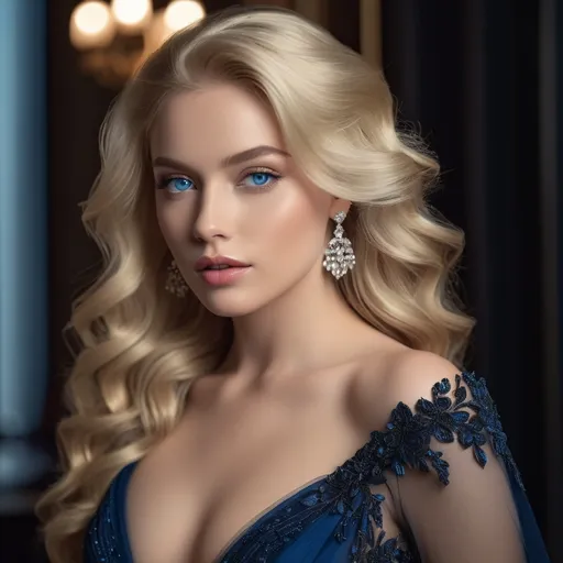 Prompt: photorealistic image, High Fashion Glamour Model with blond hair and striking blue eyes, (elegant setting), black gown exquisite pose, detailed facial features, (high detailed skin:1.2), refined clothing with sophisticated styling, soft lighting creating a dreamy atmosphere, (8k UHD, DSLR), rich film grain texture, Fujifilm XT3, high-quality composition, artistic depth and allure, captivating elegance, luxurious ambiance, inviting and glamorous mood.