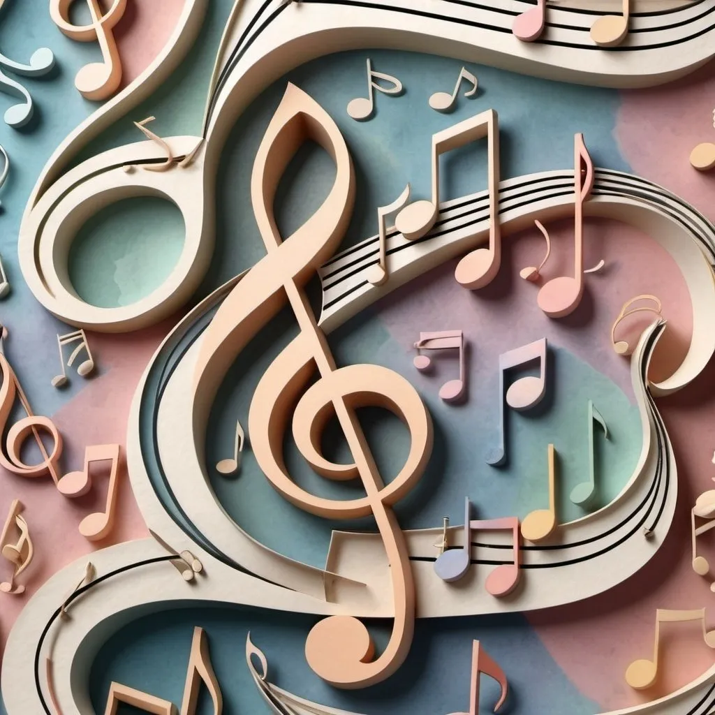 Prompt: Muted 3D paper design of musical theme, highly detailed, notes, lines, clefs, watercolor, pastel, heavenly, tiled, highres, ultra-detailed, 3D rendering, heavenly color tones, intricate details, muted design, music theme