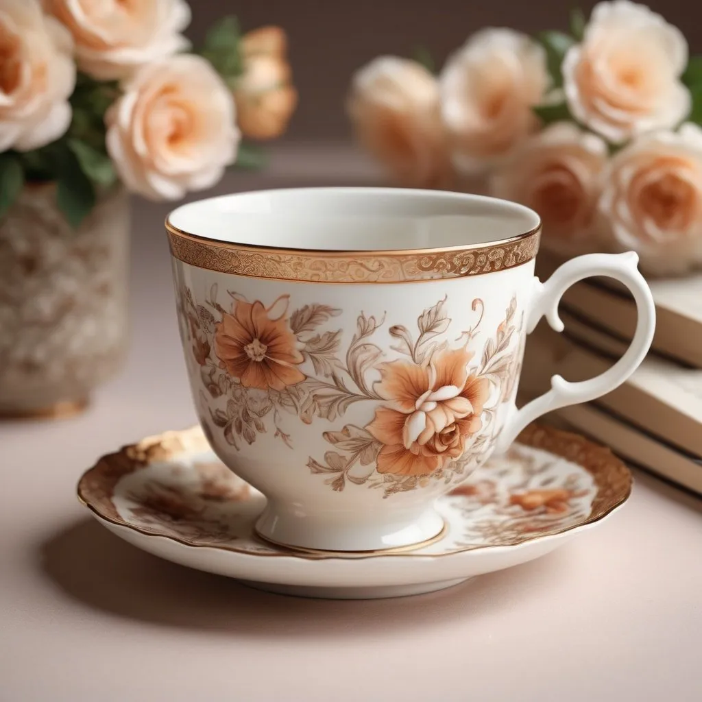 Prompt: Beautiful, elegant, intricate porcelain coffee cup, delicate floral patterns, high quality, detailed, realistic, vintage, warm tones, soft lighting, 16:9 aspect ratio, vintage porcelain, delicate design, elegant, intricate floral patterns, realistic details, highres, ultra-detailed, vintage style, warm hues, soft lighting