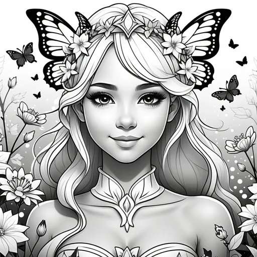 Prompt: simple black and white clip art, Silhouette crisp line coloring page for kids, extremely happy smiling Kawaii Fantasy Fairy Princess on white Fairy Costume surrounded by winter flowers and butterflies,symmetrical head, center of frame. It was a tribute to artgerm and Aleksi Briclot‘ and Charlie Bowater‘s iconic style, digital art illustration, vector crisp line, sticker style, with hazel eyes-with braided hairstyle and dainty butterfly wings in a field of whimsical forest filled with magical flowers and butterflies, Boho crisp line coloring page, flawless line art,Isolated on magic abstract background