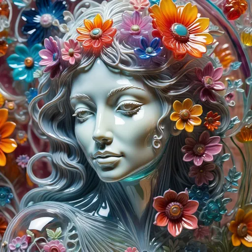 Prompt: A detailed and vibrant transparent glass sculpture of a woman with flowers, intricate details, surreal, colorful background