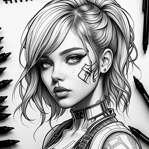 Prompt: ink drawing coloring page for adults, Beautiful and stunning cute sweet e-girl, bitch, no background, photo realistic, love, clean line art, highly detailed, artstation, concept art, smooth, glowing neon, sharp focus, illustration, no background, black and white contrast, cyberpunk, white, black, coloring book, sketchbook, realistic sketch, free lines, on paper, character sheet, 8k