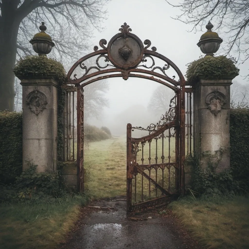 Prompt: Old rusted, broken gate at the entrance of an abandoned English manor. Foggy morning with heavy dew. Grey tones. Creepy.
