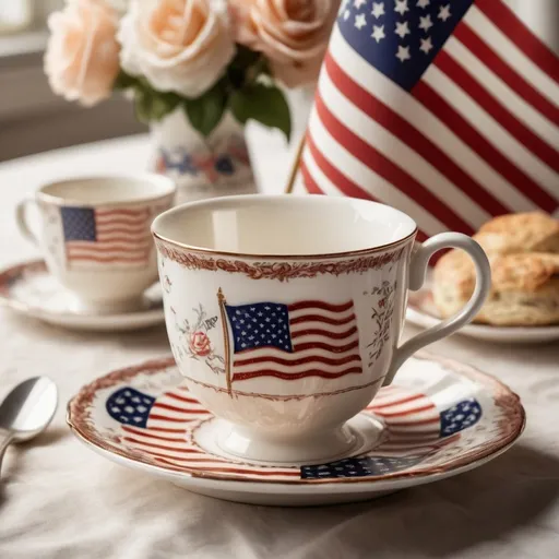 Prompt: Beautiful, elegant, intricate porcelain coffee cup, delicate US Flag patterns, morning breakfast table, scones, high quality, detailed, realistic, vintage, warm tones, soft lighting, 16:9 aspect ratio, vintage porcelain, delicate design, elegant, intricate patriotic patterns, realistic details, highres, ultra-detailed, vintage style, warm hues, soft lighting