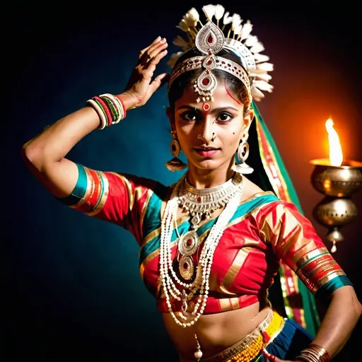 Prompt: A striking portrait of a stunningly beautiful East Indian dancer, capturing their embodiment of cultural heritage and the preservation of traditional dance forms, Ancestral rhythms, Dynamic shot freezing the dancer in a traditional costume, performing a culturally significant dance, Vibrant lighting highlighting the richness of the East Indian cultural heritage, Authentic and vibrant tones representing the celebration of tradition, Proud and expressive mood, Dancer portrait photography, --ar 4:3