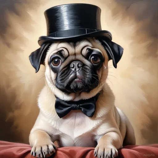 Prompt: Pug puppy wearing a fancy black top hat, detailed fur with cute wrinkles, adorable and curious expression, oil painting, high quality, realistic, cute, luxurious, warm lighting, detailed wrinkles, top hat, puppy eyes, charming, professional