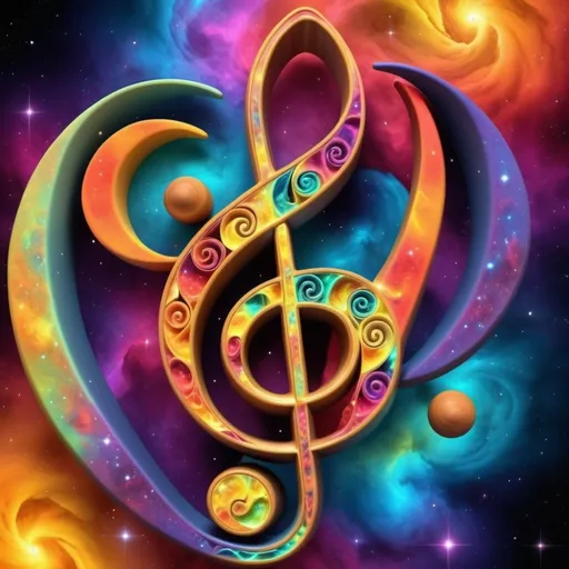 Prompt: Vibrantly colored 3D graphic of a treble clef, highly detailed nebula in the background, high-resolution, ultra-detailed, vivid colors, 3D rendering, cosmic art, vibrant tones, detailed nebulosity, surreal lighting