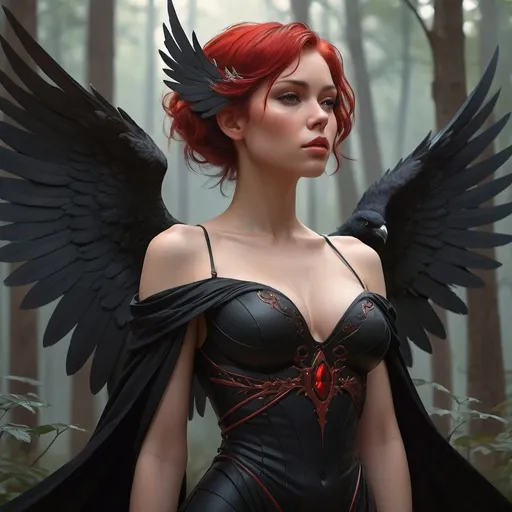 Prompt: a beautiful cinematic female seraphim, deep cleavage, black wings slightly burnt, fantasy forest landscape, fantasy magic, undercut hairstyle, short red black fade hair, dark light night, intricate, elegant, sharp focus, illustration, highly detailed, digital painting, concept art, matte, art by WLOP and Artgerm and Greg Rutkowski and Alphonse Mucha, masterpiece