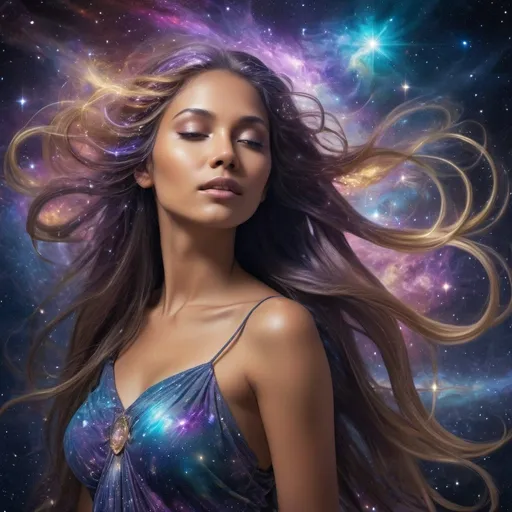 Prompt: Galactic Goddess, long flowing hair with shimmering strands, swirling galaxies and celestial phenomena intertwined, otherworldly radiance, cosmic essence, ultra-detailed, highres, powerful and ethereal presence, fantasy, cosmic colors with shimmering highlights, celestial beauty, cosmic atmosphere, mystical, cosmic lighting