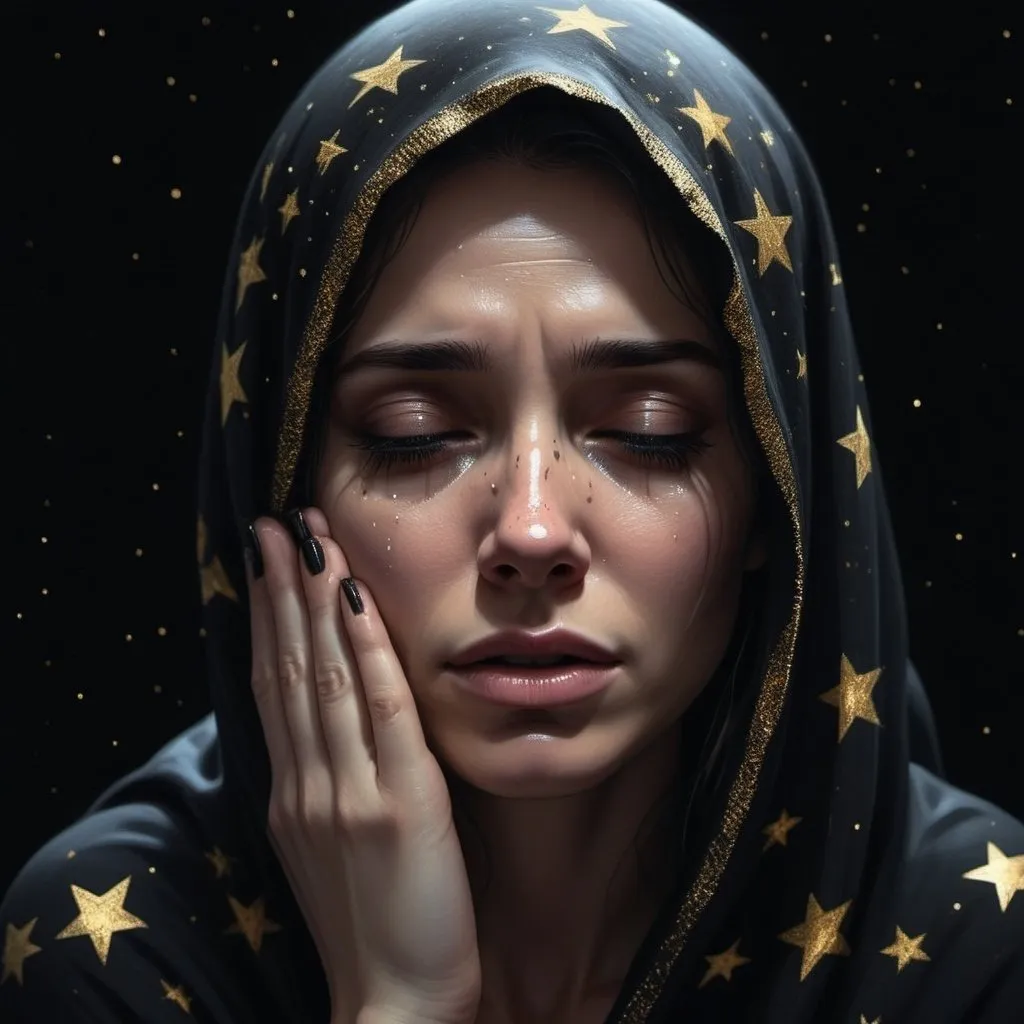 Prompt: Crying woman's head covered in a totally black cloth, indistinguishable face, black background with gold stars, dark and mysterious, space art, hologram, hidden facial features, high-res, realistic, space, dark tones, holographic, mysterious lighting, Eve Ryder, professional illustration